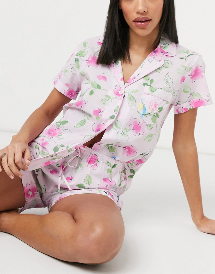 Lauren by Ralph Lauren – Rosablommig pyjamas med notch-krage-Pink