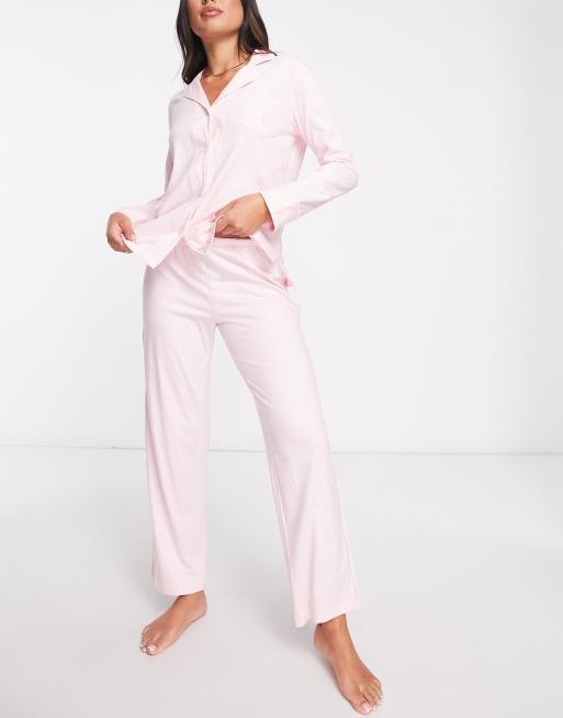 Lauren by Ralph Lauren – Różowa długa piżama: spodnie i koszula z kołnierzykiem z wycięciami