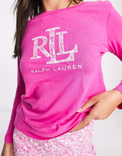 Lauren by Ralph Lauren short boxer pyjama set with logo in pink and white, 2 of 4