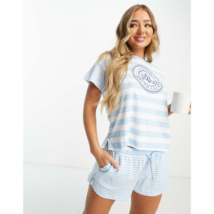 Lauren by Ralph Lauren short pajama set in blue stripe ASOS