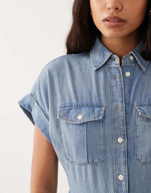 Lauren by Ralph Lauren short sleeve denim jumpsuit in mid blue, 2 of 4