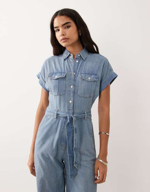 Lauren by Ralph Lauren short sleeve denim jumpsuit in mid blue, 3 of 4