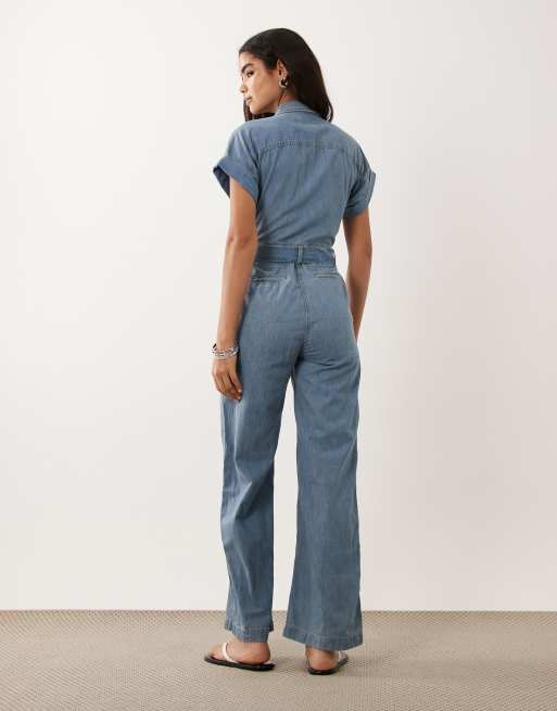 Lauren by Ralph Lauren short sleeve denim jumpsuit in mid blue, 4 of 4
