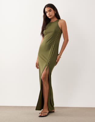Lauren by Ralph Lauren Lauren by Ralph Lauren slash neck with thigh spilt maxi dress in khaki-Green