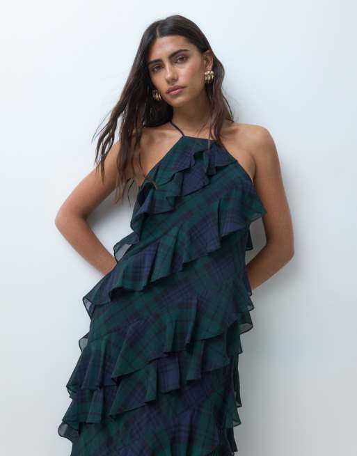 Lauren by Ralph Lauren vestito lungo con volant e allacciatura al collo, blu navy, 2 di 5