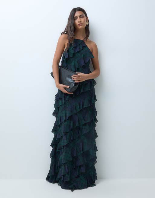 Lauren by Ralph Lauren vestito lungo con volant e allacciatura al collo, blu navy, 4 di 5