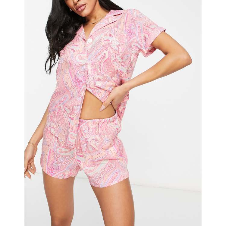 Lauren by Ralph Lauren woven button up short pajama set in pink