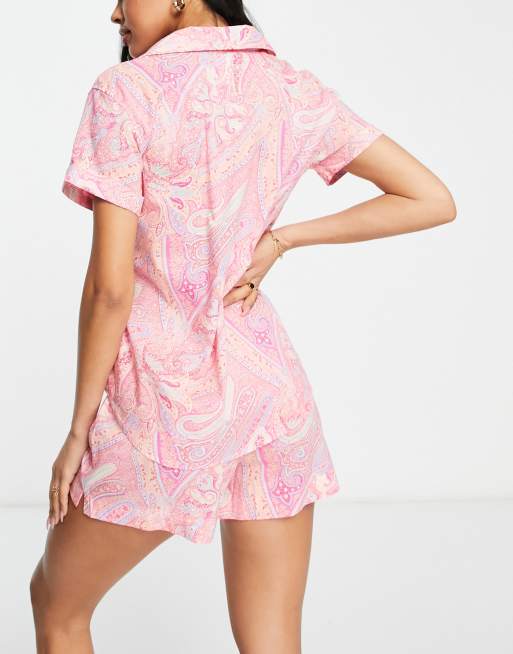 Lauren by Ralph Lauren woven button up short pajama set in pink