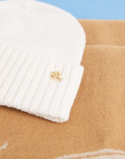 Lauren by Ralph Lauren woven hat and scarf gift set in beige, 3 of 3