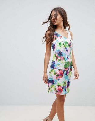 Lavand – Blommigt kontrastmönstrad axellös klänning-Flerfärgad