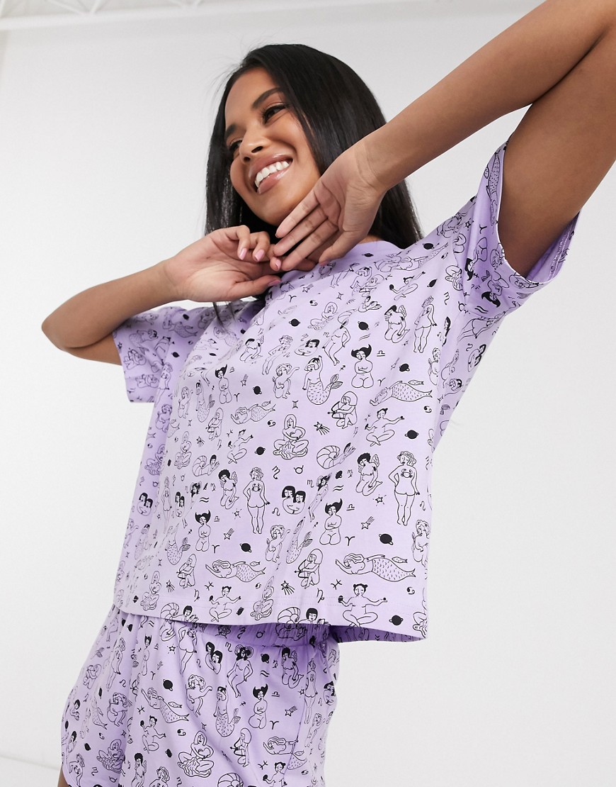 фото Лавандовая пижама из органического хлопка с принтом monki-фиолетовый