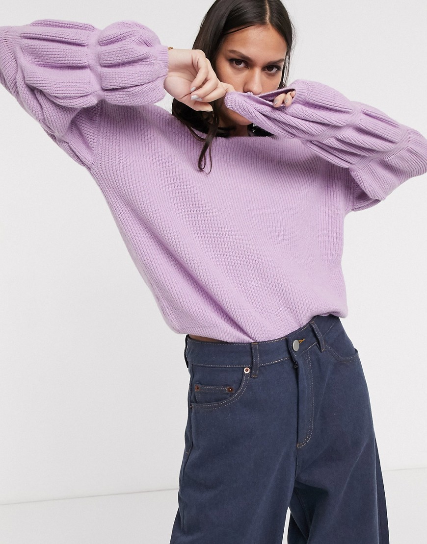 фото Лавандовый свитер с отделкой на рукавах selected femme-фиолетовый