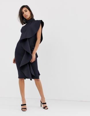 Lavish Alice asymmetric draped high neck frill midi scuba dress in navy ASOS