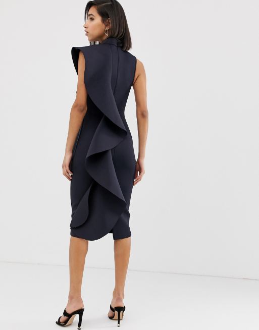 Lavish alice asymmetric draped shop frill midi dress in scuba