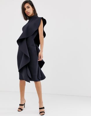 lavish alice asymmetric draped frill midi dress in scuba