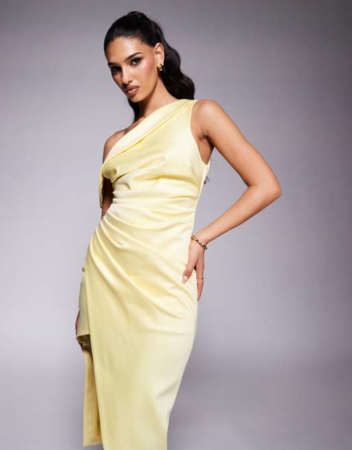 Lavish Alice asymmetric neckline pleated satin midi dress in yellow | ASOS