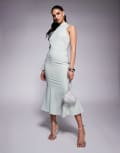 [Lavish Alice] Lavish Alice asymmetric sleeve micro button long midi dress in sage green 6 Sage green