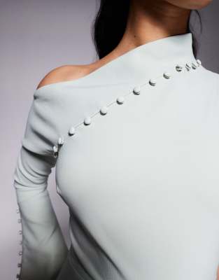 lavish alice asymmetric sleeve micro button long midi dress in sage green