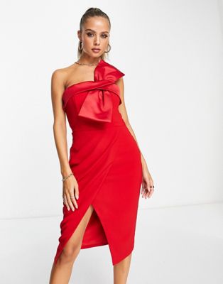 bandeau bow detail wrap midi dress in red