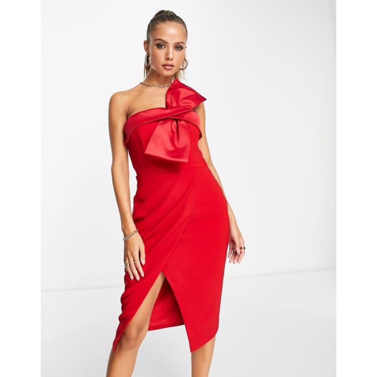 Lavish Alice - One Shoulder Bonded Satin Puff Sleeve Midi