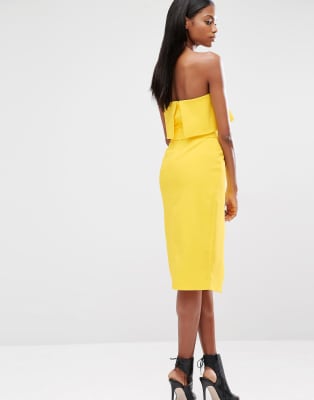 yellow strapless midi dress