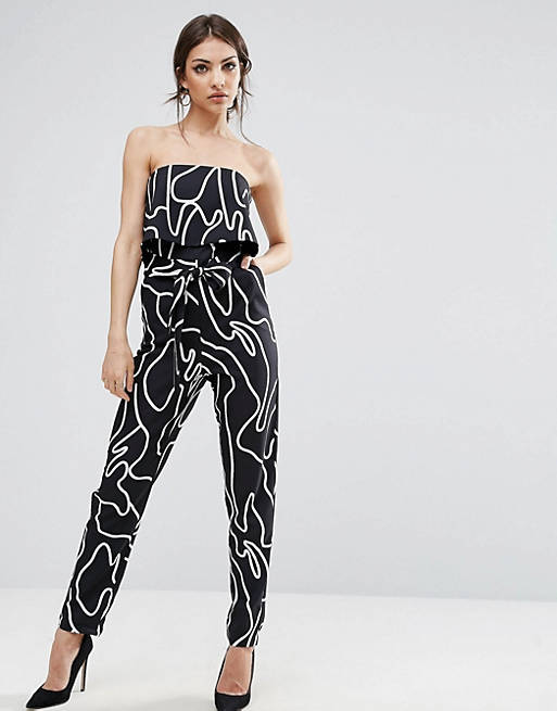 Lavish Alice Bandeau Jumpsuit With Tie Waist In Abstract Print