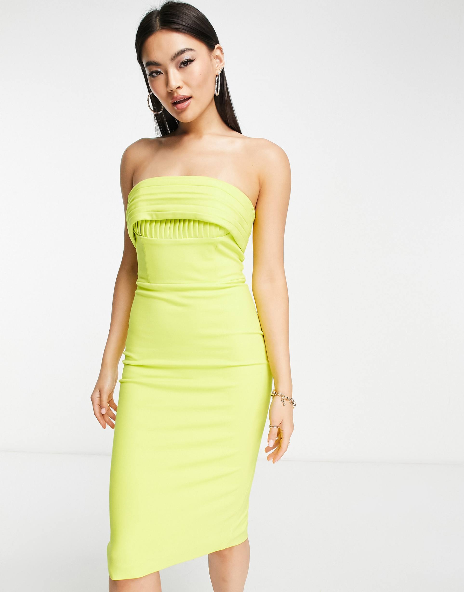 lavish alice bandeau pleat detail midi dress in lime