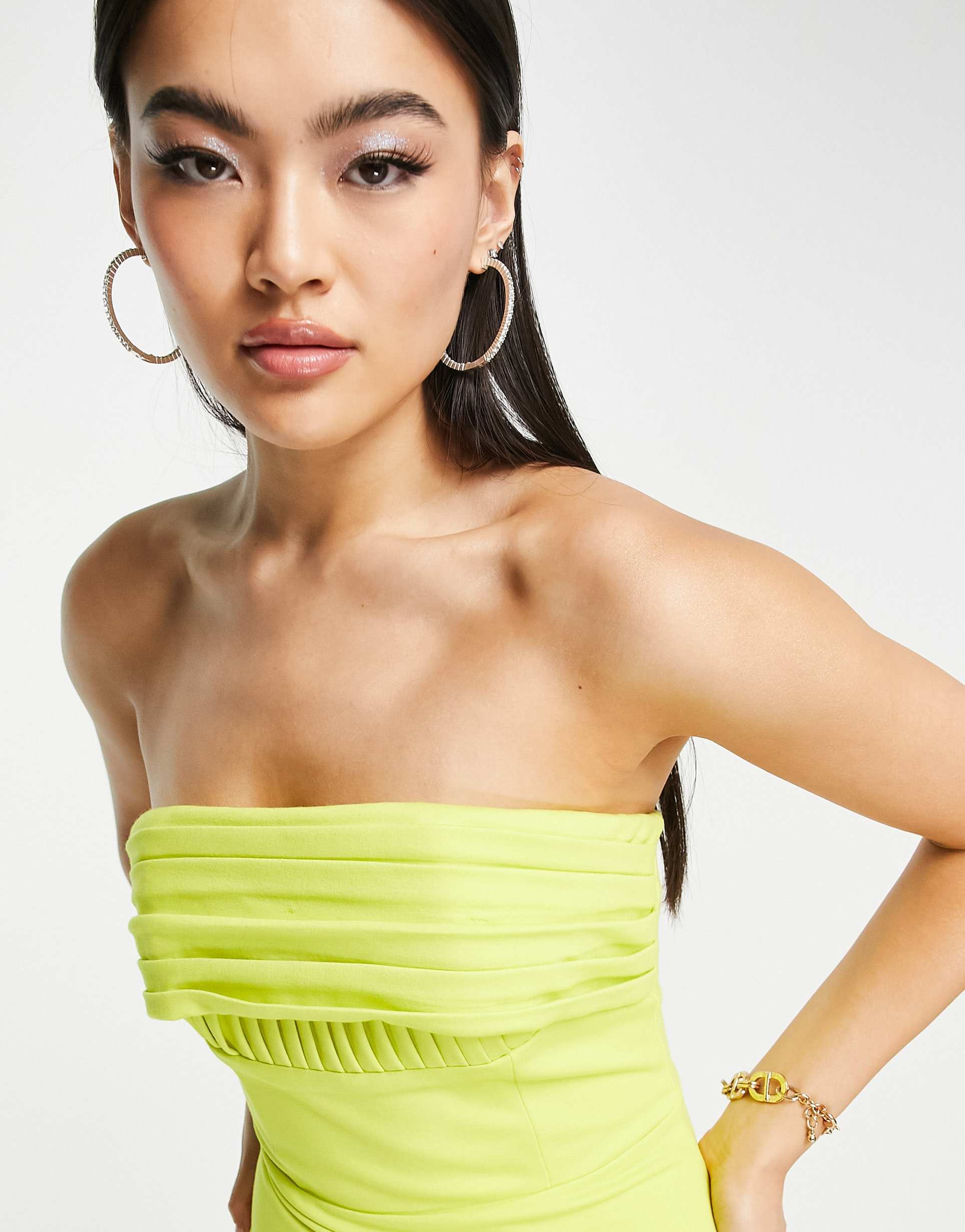 lavish alice bandeau pleat detail midi dress in lime