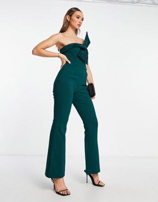 bandeau satin bow detail jumpsuit in emerald green