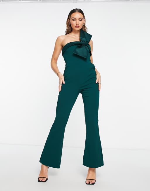 Lavish Alice bandeau satin bow detail jumpsuit in emerald green