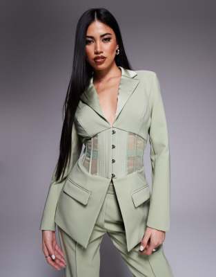 Lavish Alice - Blazer aus transparentem Satinmix in Salbeigrün mit Korsettdetail, Kombiteil