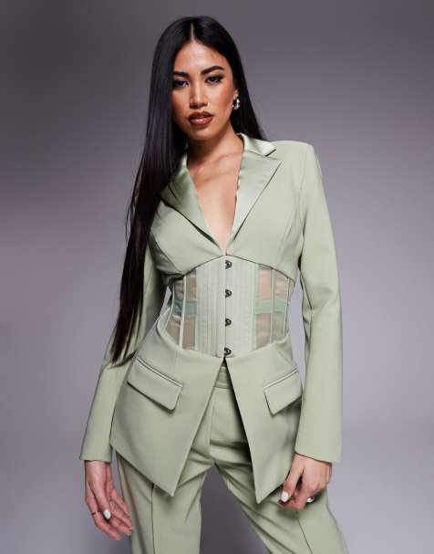 Lavish Alice - Blazer d'ensemble en satin mélangé transparent style corset - Vert sauge - view 1