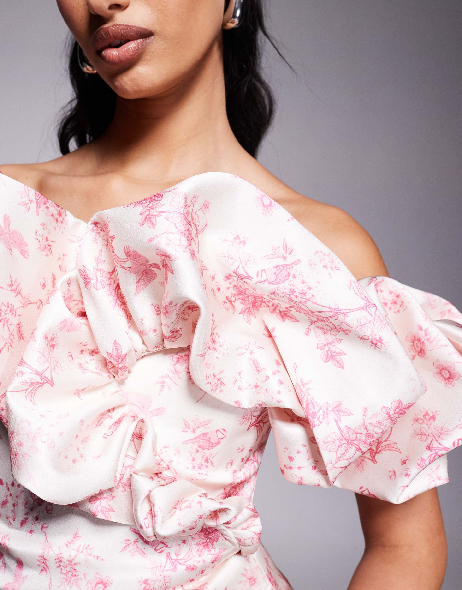 lavish alice bonded satin bardot mini dress in fuchsia pink porcelain print