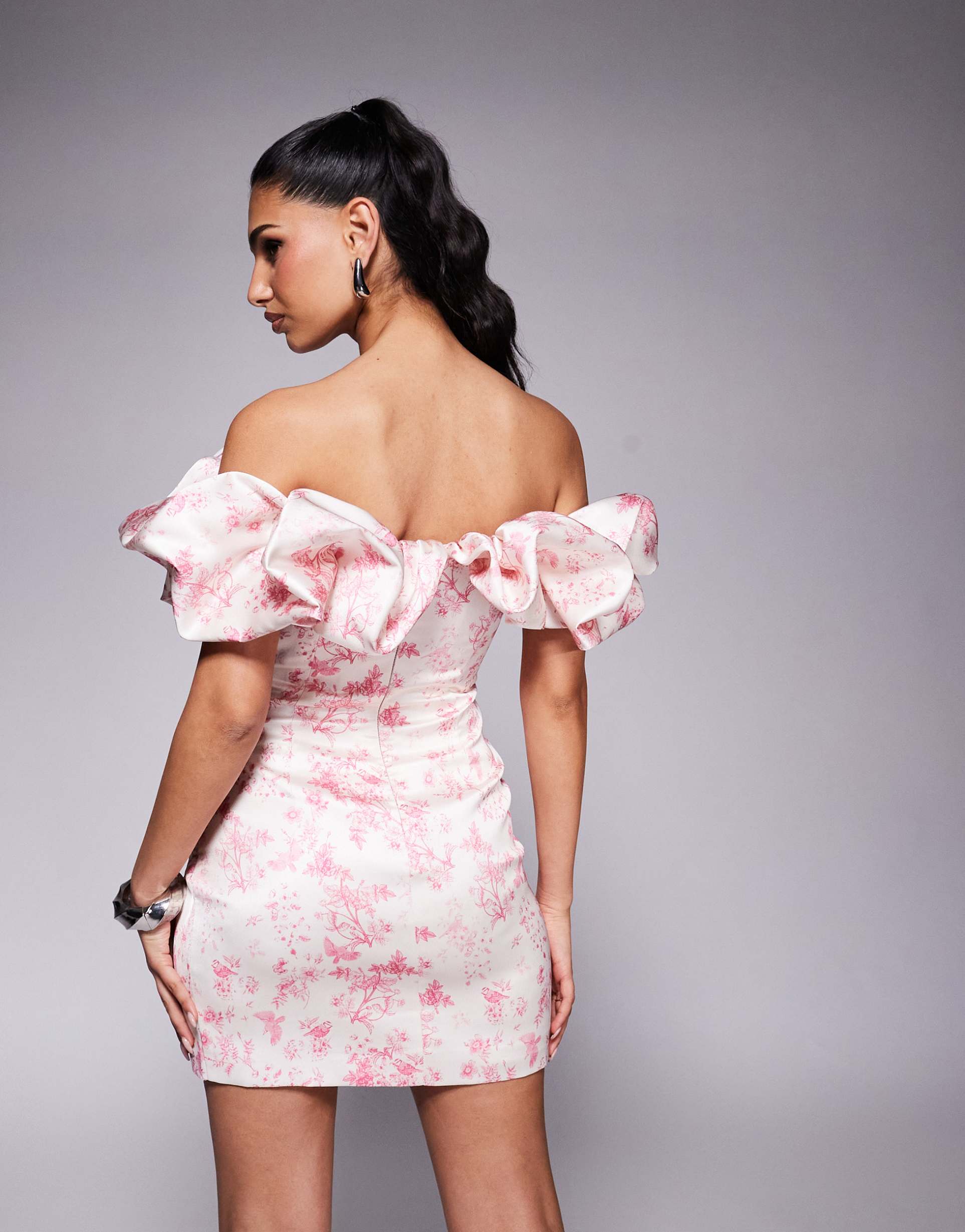 lavish alice bonded satin bardot mini dress in fuchsia pink porcelain print