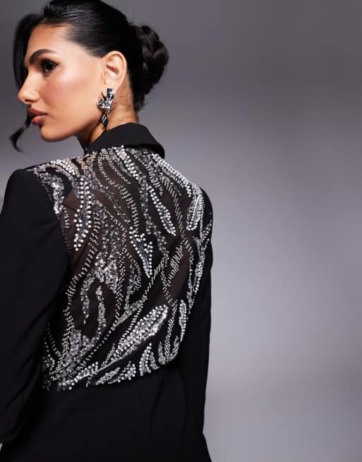 Lavish Alice bonded satin blazer dress with embellished mesh back in black, 2 of 4