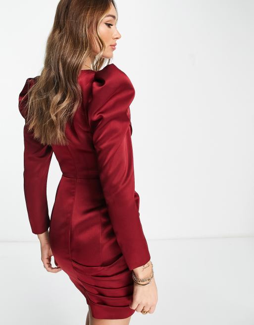 Burgundy Bonded Satin Bardot Puff Sleeve Dress