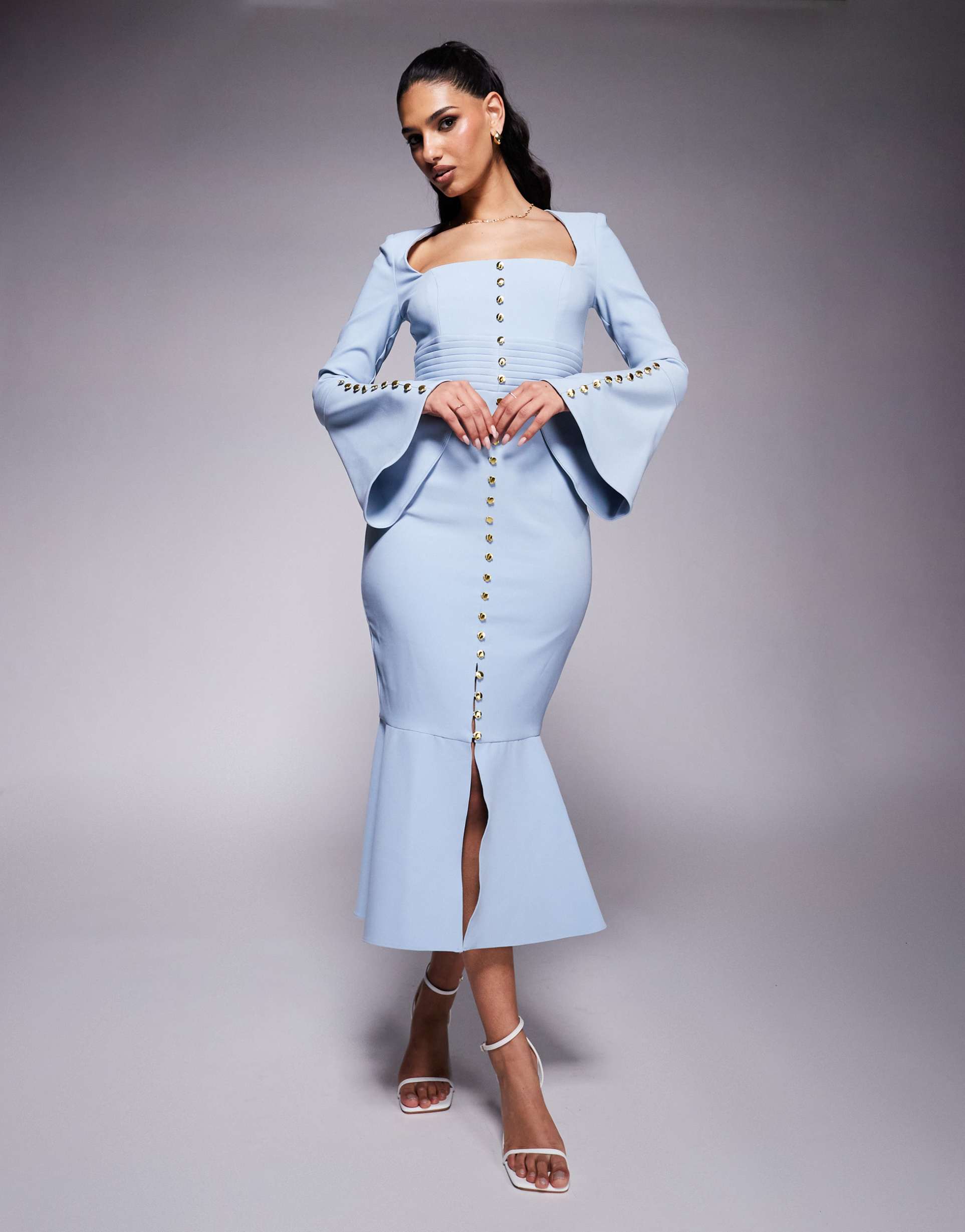 lavish alice boucle square neck micro rose button midi dress in light blue
