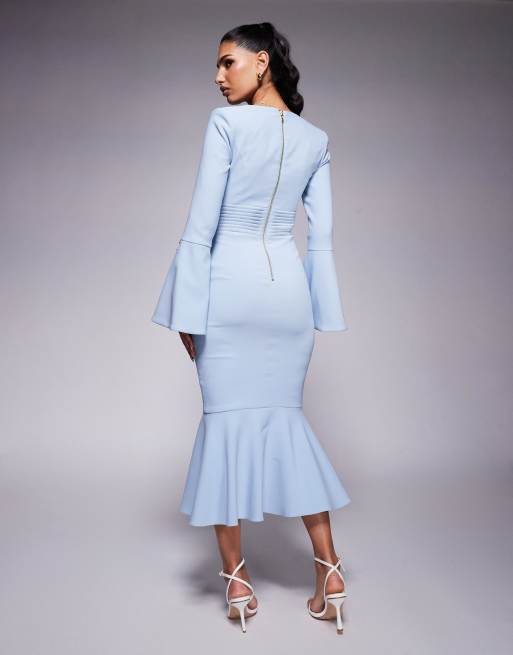 Lavish Alice boucle square neck micro rose button midi dress in light blue  | ASOS