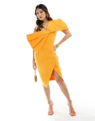 bow detail midi dress in sweet mandarin-Orange