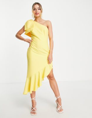 Lavish Alice bow shoulder midi dress in lemon