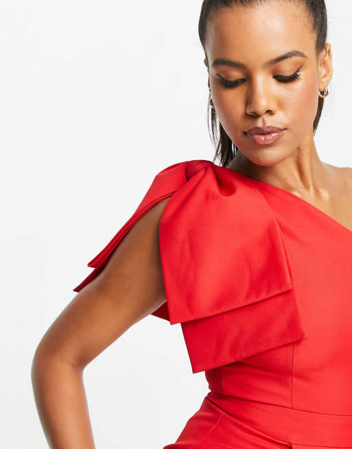 One Shoulder Midi Dress With Bow Accent In Red