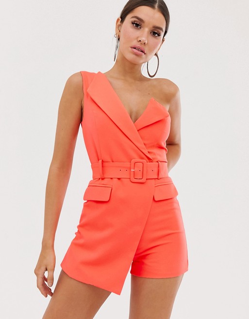 Lavish Alice buckle belted one shoulder playsuit in neon coral
