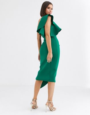 One Shoulder Scuba Midi Dress - Emerald Green