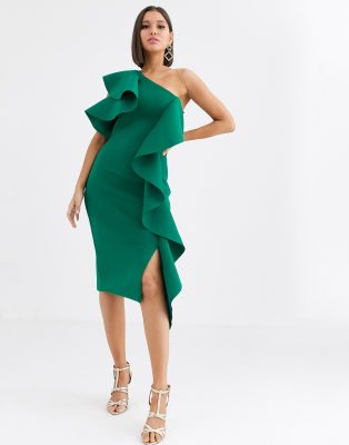 emerald green cold shoulder dress