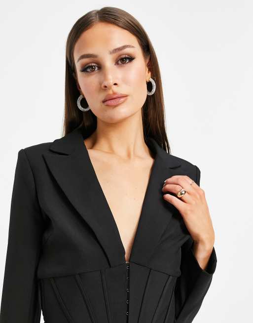 Rhinestone Corset Blazer Dress - Black