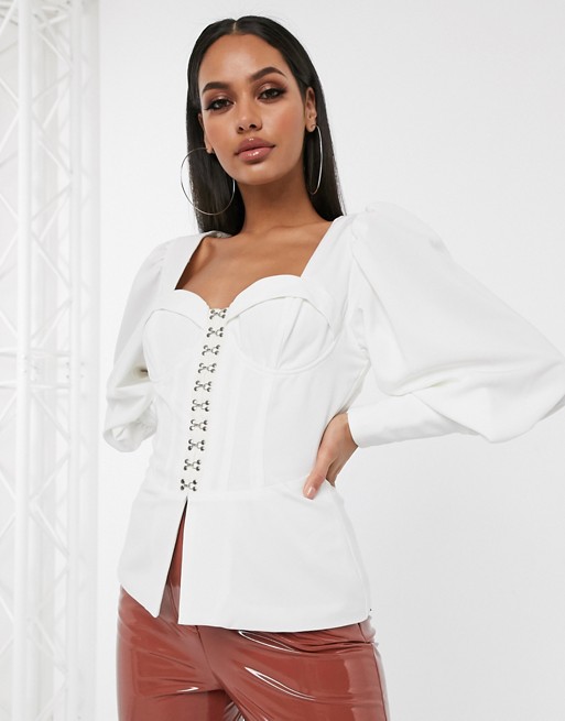 Lavish Alice corset detail top with balloon sleeves in white