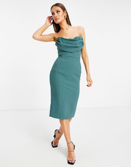 Lavish Alice cowl front bandeau midi pencil dress in sage | ASOS