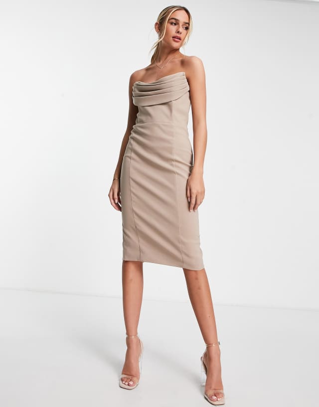 Lavish Alice cowl front bandeau midi pencil dress in stone