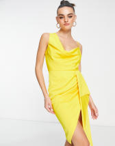 Flounce London Petite satin knotch wrap midi dress in yellow