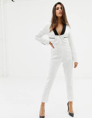 white blazer black jumpsuit